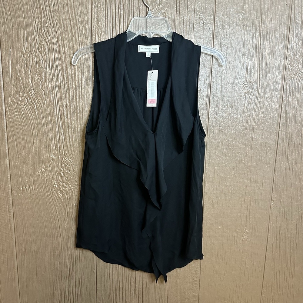 NWT Katherine Kelly Silk Tank Top Blouse Sheer Sz M Black Ruffle Detail V‎ Neck